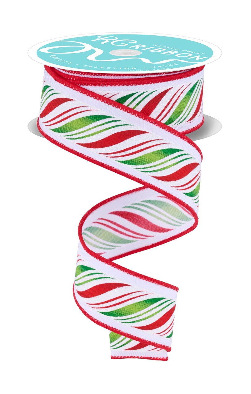 RG Ribbon: 1.5" Peppermint Twist Wired Ribbon - 10 Yards - White, Green, Red - For Christmas Bows, Wreaths, Crafts and Decorations